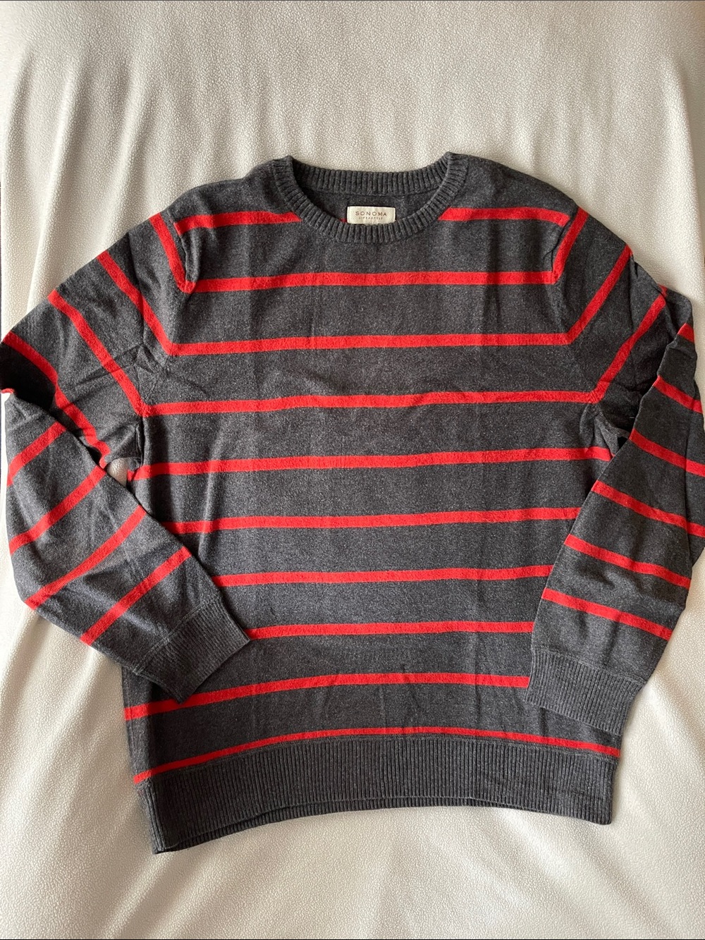 Sonoma Gray Crewneck Sweater with Red Stripes